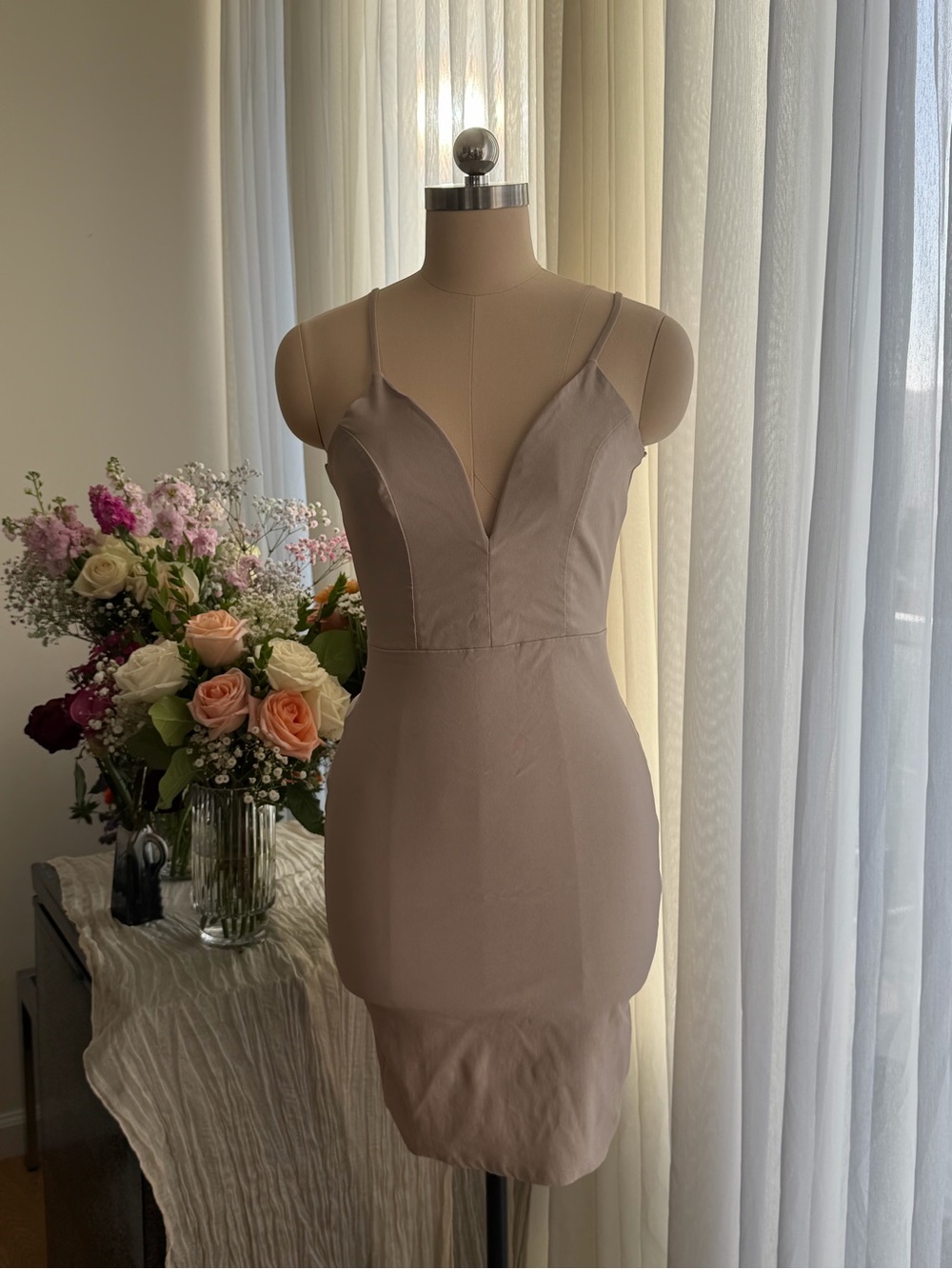 Plunge neck Sleeveless V-Neck Taupe Bodycon Dress